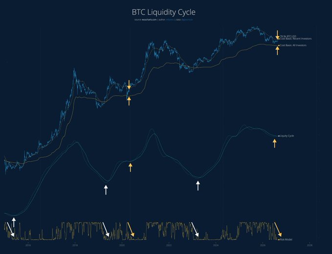 A chart titled 'BTC Liquidity Cycle' showing Bitcoin price data and a liquidity cycle indicator from 2016 to 2026, with various arrows highlighting key market points and signals.
