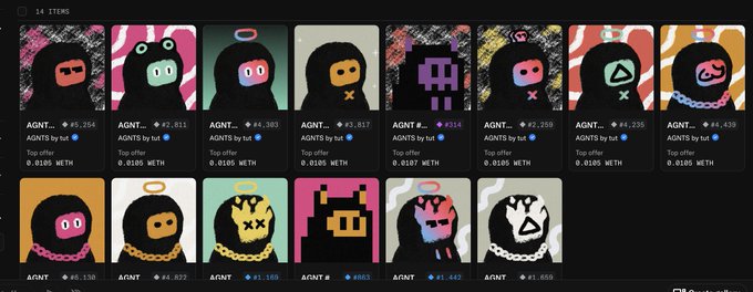 The image shows a collection of 14 pixel-art NFT avatars from the "AGNT" collection on a marketplace listing, with prices ranging from #2 to #6,259 in ETH. This relates to the post, where the user spent $7 per NFT and mentions holding multiple of these Legend Of Breadart (AGNT) NFTs to qualify for a Collector role and earn WL spots for associated projects.