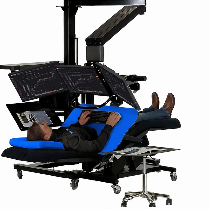 A person relaxes on an elaborate blue and black workstation chair designed for supine use, surrounded by multiple mounted monitors displaying financial charts and a keyboard at chest level.