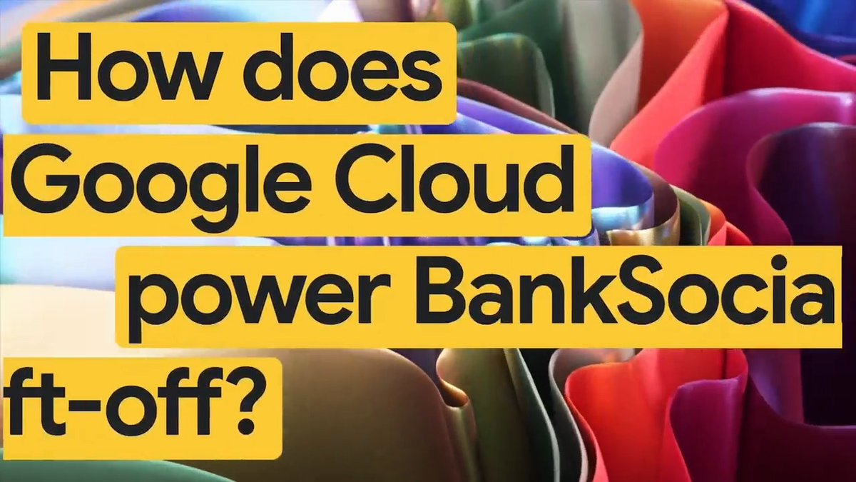 A thumbnail-style image with a colorful, abstract swirling background displays the text 'How does Google Cloud power BankSocial?' in black letters on yellow rectangular highlights.