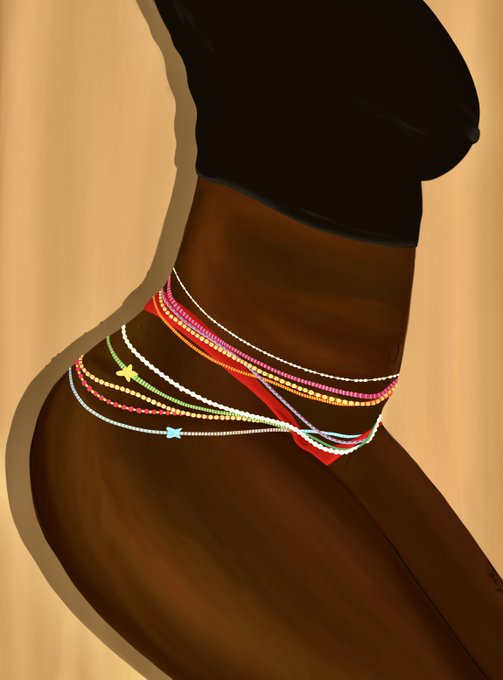 A digital artwork showing a person's torso and hips wearing multiple layered, colorful beaded belts with small star charms against a brown background.