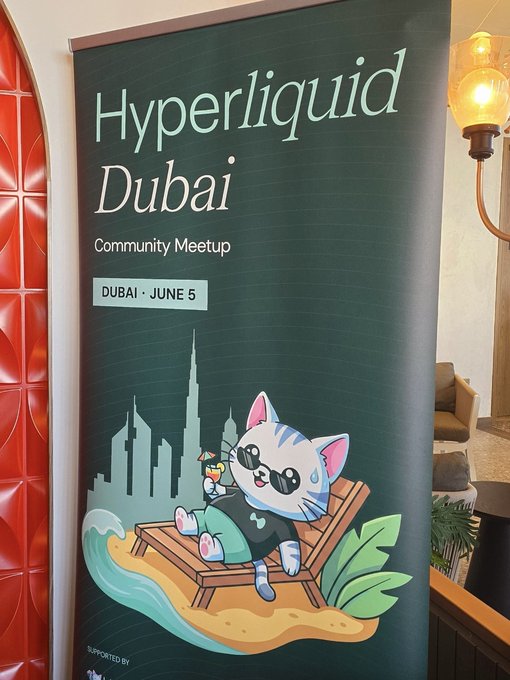 The image features a poster for an event called "Hyper Liquid Dubai" that took place at a community meetup. The poster has a cartoon cat sitting on a beach chair, surrounded by palm trees and buildings, giving off a relaxed and fun atmosphere. The text on the poster indicates that it was held in June 5th, which is when the event took place. The image also includes a photo of a person's face, possibly an attendee or organizer of the meetup.