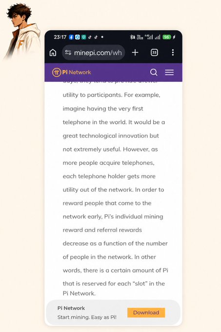 A mobile screenshot of the Pi Network website (minepi.com/wh) explaining mining rewards, with an anime-style character avatar and a 'Download' button visible.