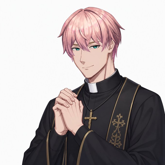 An anime-style illustration of a pink-haired priest with teal eyes, wearing a black clerical robe with gold embroidery and a cross necklace, hands clasped in prayer. The image pairs with the bullish crypto post as a visual "blessing" for ANSEM and RIVER on a Sunday.