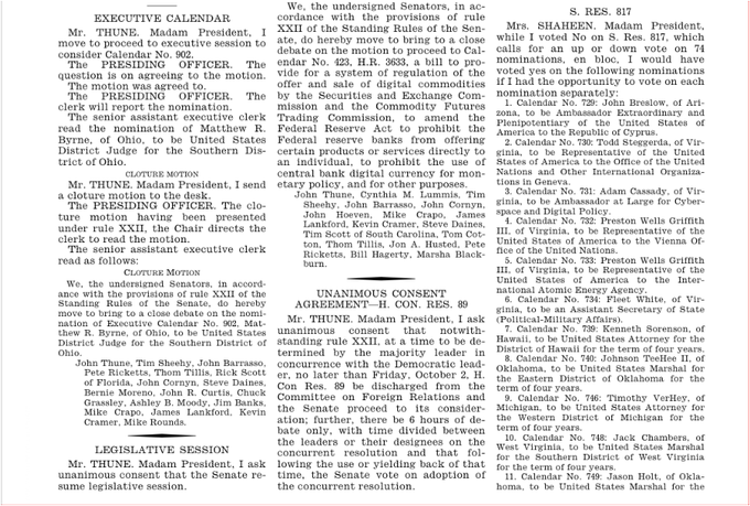 This image shows an official page from the U.S. Senate Executive Calendar, page 8, dated around late September 2025, listing multiple legislative items including nominations and bills.

Key items visible include:
- **H.R. 3633, the Digital Asset Market Clarity Act** – Sen. Thune filed a cloture motion to proceed on this bill, which directly matches the post's mention of the cloture filing on the Digital Asset Market Clarity Act (H.R. 3633).
- **S. Res. 817** – A resolution by Mrs. Shaheen regarding nomination votes
- Multiple **judicial and executive nominations** including Matthew R. Byrne (Ohio → Southern District of Ohio), Adam Breexow, Adam Cassidy, Preston Wells Griffith III, Fleet White, Kenneth Sorenson, Timothy Verhey, Jack Chambers, and Jason Holt
- A **Unanimous Consent Agreement (H. Con. Res. 89)** by Sen. Thune regarding the motion