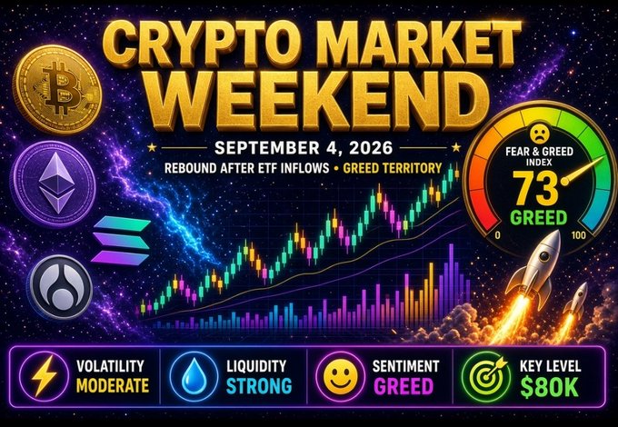 Vibrant crypto market weekend graphic for September 4, 2026, featuring Bitcoin, Ethereum, and Solana logos against a cosmic background, with a candlestick chart showing rebound momentum, a Fear & Greed Index gauge at 73 (Greed), and indicator panels noting "Strong" liquidity, "Greed" sentiment, and a key level of $80K—visually reinforcing the post's message of a post-ETF inflow rebound pushing BTC back above $81k.