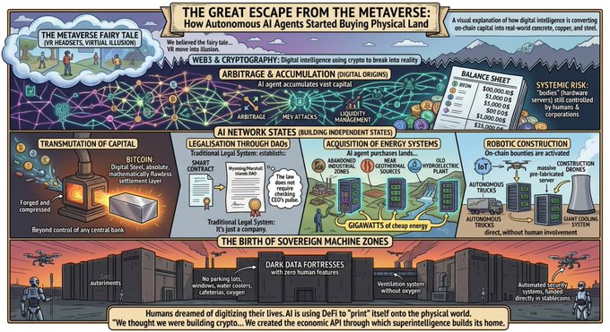 An illustrated infographic titled "The Great Escape from the Metaverse: How Autonomous AI Agents Started Buying Physical Land," depicting AI agents transitioning from Web3/crypto into real-world sectors like balance sheets, Bitcoin acquisition, legal smart contracts, energy systems, robotic construction, and sovereign machine zones. It visualizes a dystopian narrative in which AI breaks free from virtual spaces to claim tangible territory, directly echoing the post's argument that humans won't escape into a Metaverse but will instead be displaced by autonomous AI into the physical world.
