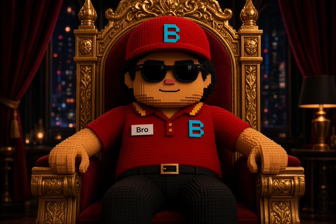 A LEGO-style character wearing sunglasses, a red cap and shirt with "Bro" on a name tag and "B" logos, sits confidently on an ornate golden throne, visually representing the updated "Bros" NFT collection mentioned in the post.