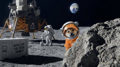 An astronaut and a dog wearing a spacesuit stand on a rocky lunar surface near a lunar lander, with Earth visible in the background.