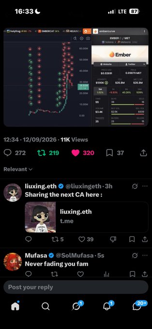A mobile screenshot of a social media app displays a trading chart for EMBER/MET token showing $10K volume, with posts from users 'liuxing.eth' and 'SolMufasa' below.