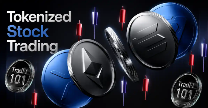 A promotional image for 'Tokenized Stock Trading' featuring large 3D cryptocurrency coins (including Solana) alongside candlestick chart elements and TradFi 101 branding.