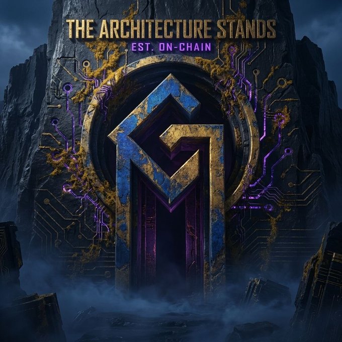 A fantasy artwork featuring a glowing blue and gold geometric logo carved into a dark stone monument with circuitry patterns, titled 'THE ARCHITECTURE STANDS EST. ON-CHAIN'.
