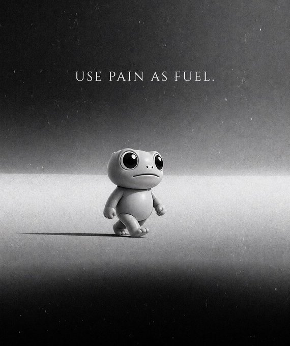 The image features a small, gray toy frog walking across a black background with white text that reads "USE PAIN AS FUEL." This phrase is accompanied by an illustration of a frog walking away from the viewer. The overall scene creates a sense of depth and perspective, making it appear as if the frog is walking into the distance or looking towards something in the distance.