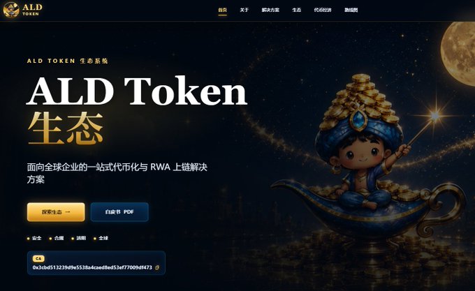 The image shows the homepage of ALD Token's official website, featuring a chibi-style character sitting on a magic lamp with stacked gold coins, alongside text promoting it as a one-stop tokenization and RWA on-chain solution (面向全球企业的一站式代币化与 RWA 上链解决方案), with buttons to explore the ecosystem and download a whitepaper PDF. The accompanying post highlights ALD Token as one of the few RWA projects holding a US MSB license and having passed GoPlus audit.