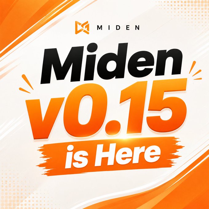 A vibrant orange and white graphic announcing 'MIDEN V0.15 is Here' with bold typography and decorative brush strokes.