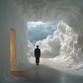 Image 7 is a surreal digital artwork depicting a figure in a dark coat standing at the threshold of a doorway, looking out from a textured white interior into a vast expanse of bright, cloud-like formations.
