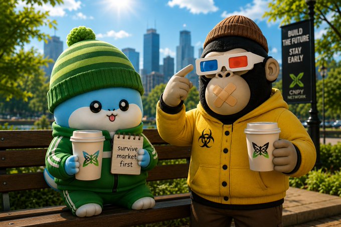 The image features two cartoon characters, a monkey wearing a yellow jacket and holding a coffee cup, and another character dressed in a green jacket with a white butterfly tattoo on their arm. The background shows a cityscape with buildings under a blue sky. There is also text that reads "focus on what is in the image and how it relates to the post".