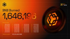 A fiery orange promotional graphic celebrates the 9th anniversary of BNB’s “burn,” prominently displaying “BNB Burned 1,646,193” beside a Binance logo and stylized burn icon. It references “$BNB” and praises Binance founder Changpeng Zhao (CZ) for keeping his commitment to burns for the past nine years.
