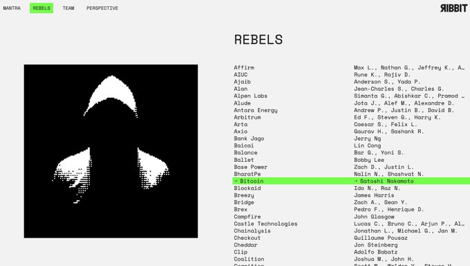 Screenshot from Ribbit Capital's website showing portfolio companies, with 'REBELS' section highlighted, listing companies including 'Bitcoin' and 'Bitstamp'.
