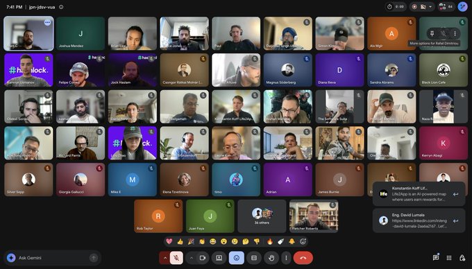 A screenshot of a video call on join-stx-vua shows a grid of approximately 40 participants, with names like Joshua Mendoza, Rob Taylor, and Magnus Söderberg visible, alongside a chat window on the right.