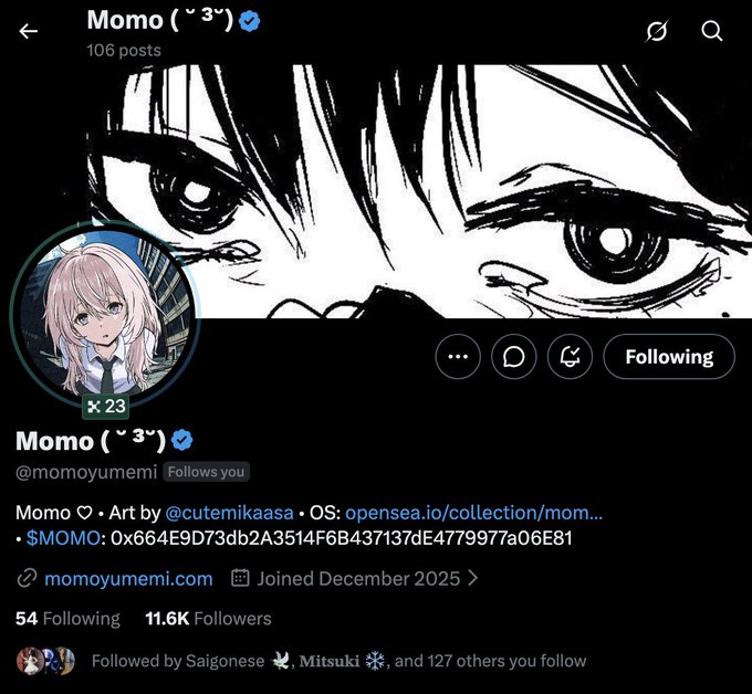 A Twitter/X profile page for 'Momo (ㅇ3ㅇ)' (@momoyumemi), an anime-style NFT character with pink hair, featuring an opensea.io collection link and 11.6K followers.