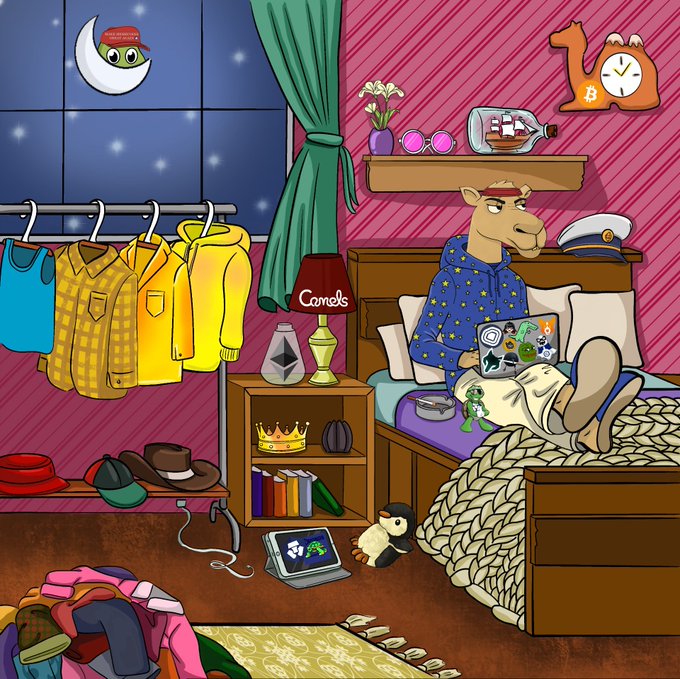 A colorful cartoon illustration of a horse character wearing a starry hoodie, sitting on a bed using a laptop, with a 'Good Merning' (misspelled) moon sign on the wall, surrounded by various bedroom items like clothes, hats, and a ship in a bottle.