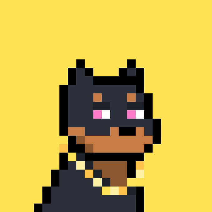 A pixel art illustration of a dark-colored character with orange facial features and pink eyes against a solid yellow background.
