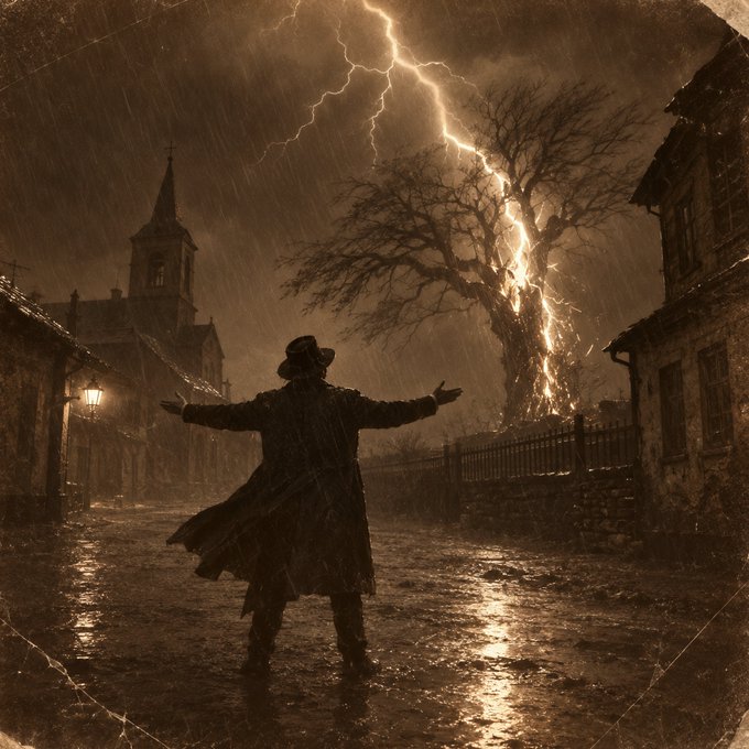 A dramatic sepia-toned artwork depicting a man in a long coat and hat standing with arms outstretched in the rain as lightning strikes a bare tree in an old town setting.