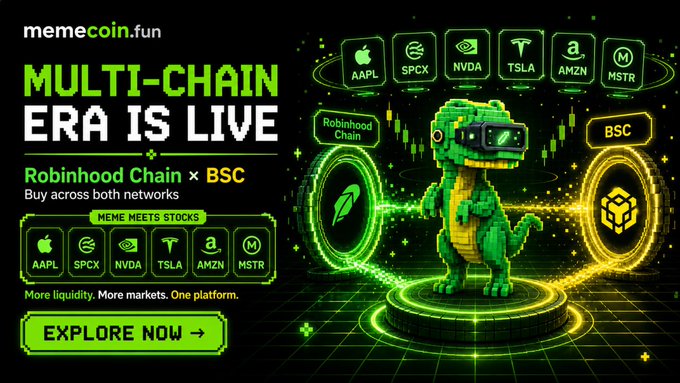 A promotional banner for memecoin.fun announces "MULTI-CHAIN ERA IS LIVE," highlighting a partnership between Robinhood Chain and BSC that enables users to buy meme versions of popular stocks like AAPL, SPCX, NVDA, TSLA, AMZN, and MSTR across both networks, featuring a green dinosaur mascot wearing VR goggles standing between the Robinhood Chain and BSC logos. The image directly illustrates the post's claim by visually showcasing the "stock pool" of US stock meme coins now available on the platform.