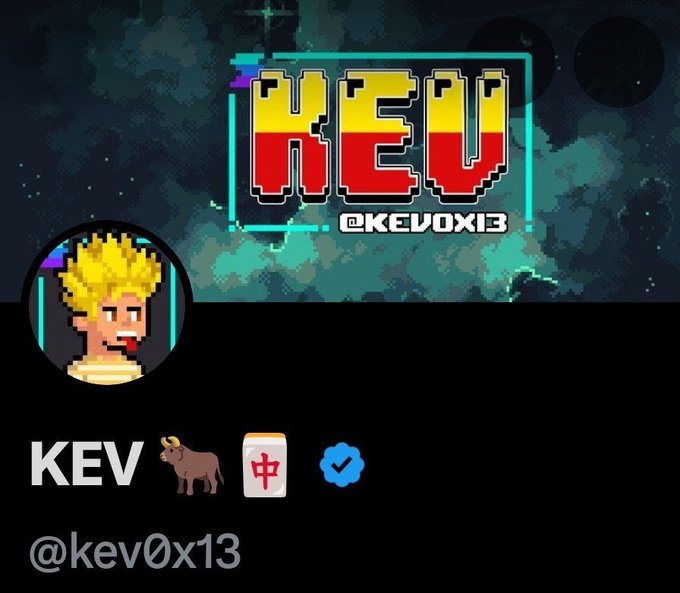A social media profile card for 'KEV' (@kev0x13) featuring a pixel art avatar of a blonde character and a banner displaying 'KEV @KEVOX13' in red and yellow pixelated text with emoji.