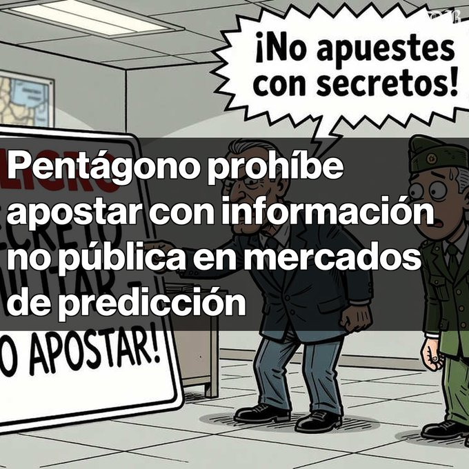 A Spanish news-style cartoon overlay reads “¡No apuestes con secretos!” and “Pentágono prohíbe apostar con información no pública en mercados de predicción,” over a scene of people at a betting window marked “NO APOSTAR!”