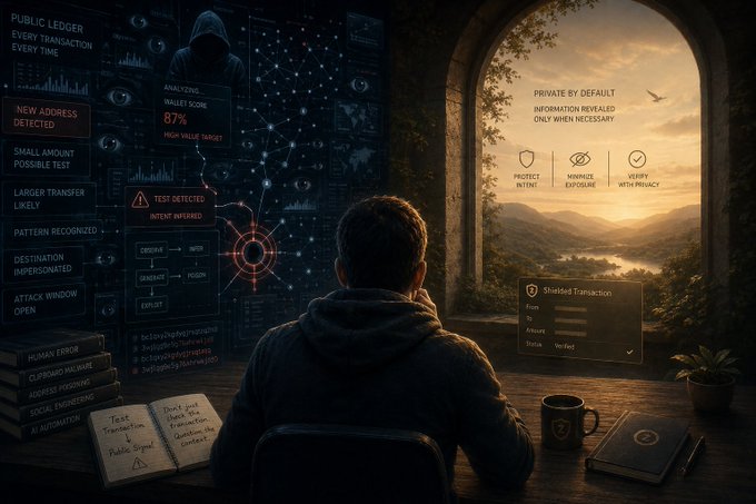 A conceptual image showing a person sitting at a desk facing a wall of digital screens displaying blockchain data and threat alerts like 'NEW ADDRESS DETECTED' and '87% RISK VALUE TARGET', contrasted with a window showing 'PRIVATE BY DEFAULT' with privacy features listed: 'PROTECT INTENT', 'MINIMIZE EXPOSURE', and 'VERIFY WITH PRIVACY'.