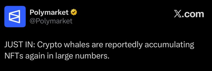 A screenshot of a Polymarket (@Polymarket) tweet stating "JUST IN: Crypto whales are reportedly accumulating NFTs again in large numbers," which complements a list of prominent NFT collections like CryptoPunks, Pudgy Penguins, Bored Apes, and Azuki, suggesting these are the types of projects whales are buying into.