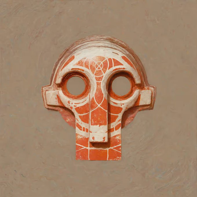An ornate red and white sculptural mask or relief with tribal-like geometric patterns and large circular eye holes, mounted on a beige textured wall.