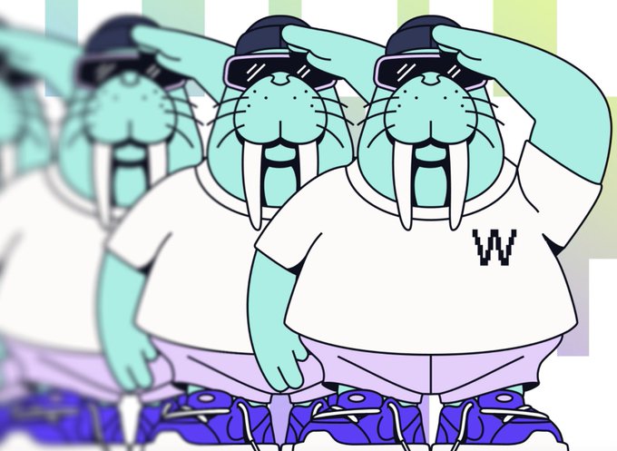 The image features a cartoon walrus wearing sunglasses, a white shirt with blue letters, and blue shoes. The walrus appears to be saluting or giving a nod while standing next to other walruses. The caption of the image reads "AI needs memory. Apps need storage. Data needs to stay accessible. Someone has to power that future. That's why I'm bullish on $WAL".