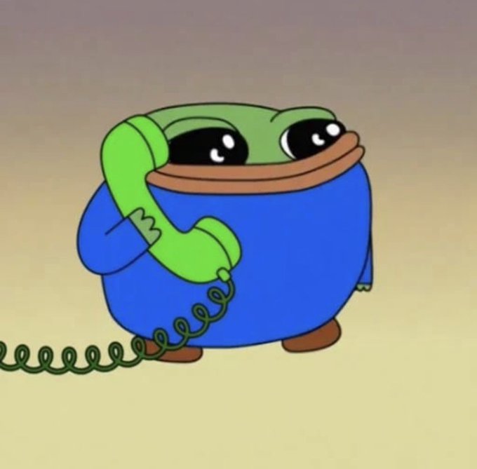 A cartoon frog resembling the "Pepe the Frog" character is depicted holding a green telephone receiver to its ear, standing against a plain background with the phone's coiled cord trailing behind it. This meme-style image is likely being used to humorously illustrate the post's claim about being able to print custom messages on the Pumpfun app callouts.