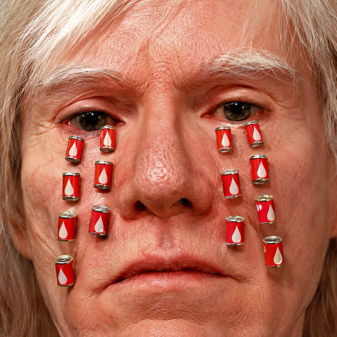 A close-up of an elderly woman's face with multiple small red cans adorned with white teardrop shapes arranged beneath her eyes like tears, visually echoing themes of emotional breakdown. This striking digital artwork, titled "Breakdown" from a Private Collection, is a 1/1 NFT listed on objkt.com for 200 XTZ.
