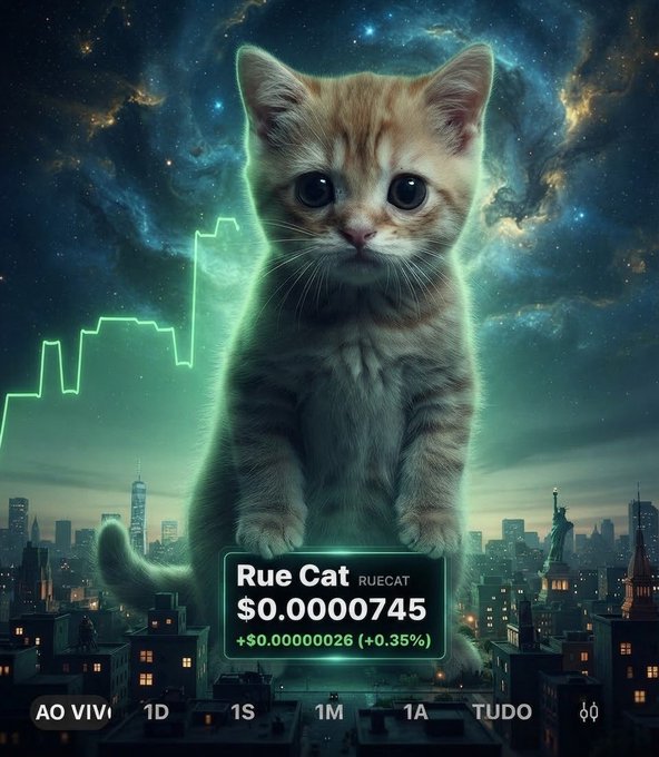 A digital artwork shows a large orange tabby kitten sitting on a cityscape with the Statue of Liberty visible, glowing against a starry cosmic background. An overlay displays 'Rue Cat (RUECAT) $0.0000745 +$0.00000026 (+0.35%)' with timeframe options 'AO VIVI, 1D, 1S, 1M, 1A, TUDO'.