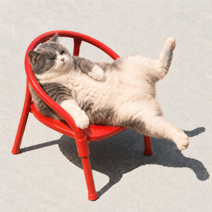 A gray and white tabby cat lounges comfortably on its back in a small red plastic chair against a plain gray background.