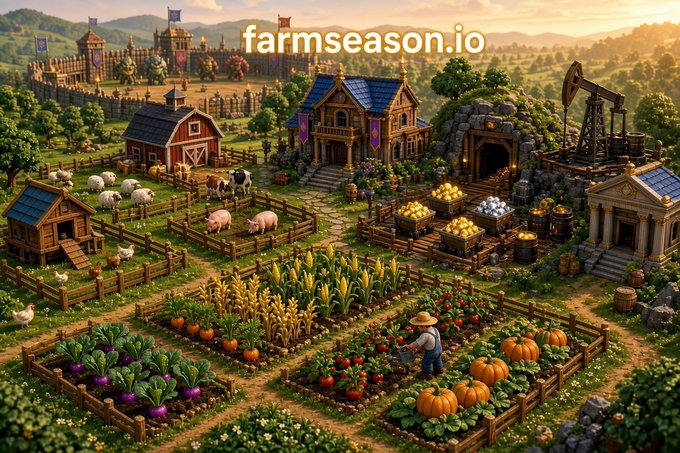 Promotional image for farmseason.io showing a vibrant isometric fantasy farm scene with a farmer tending crops, surrounded by barns, a mine, livestock pens, and a castle in the background.