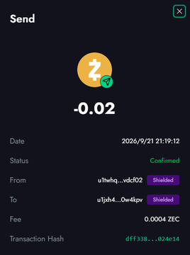 A mobile app screen showing a "Send" transaction confirmation for -0.02 ZEC, dated 2026/9/21.