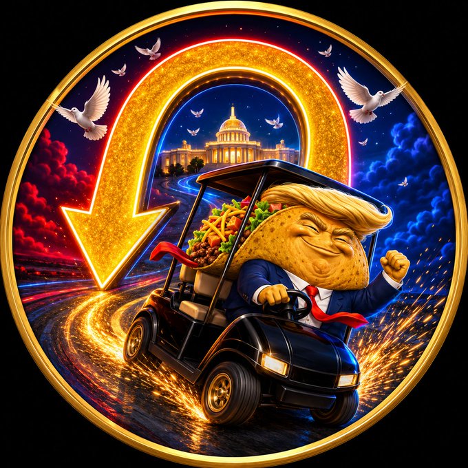 A satirical digital illustration in a gold coin emblem depicts a taco-bodied caricature with Donald Trump's hair and suit, speeding a golf cart down a fiery road toward the U.S. Capitol, dramatically looping around a glowing yellow U-turn arrow amid flying doves—visually tying into the meme's "Great Taco U-Turn" pitch for the $UTURN token on Pump.fun.