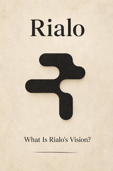 Minimalist beige poster with 'Rialo' at the top, a black abstract logo in the center, and the tagline 'What Is Rialo's Vision?' at the bottom.
