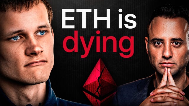 The image features two men, one wearing a blue shirt and the other wearing a black shirt, both with their hands folded over their hearts. They are positioned against a dark background that includes a red triangle and the text "Ethereum is Dying." The image also contains the words "Ethereum" and "is dying," which are likely part of an explanation or statement about the current state of Ethereum.
