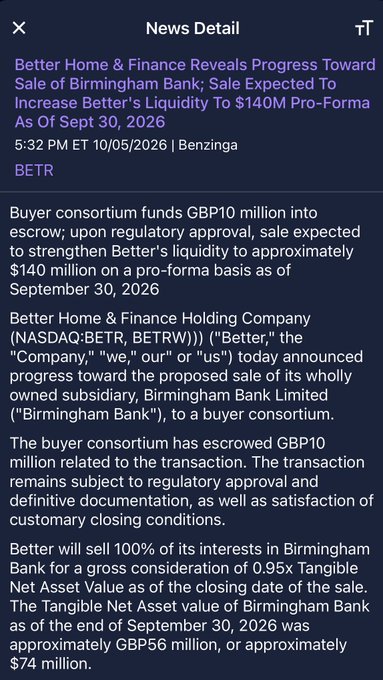 A news article from Benzinga titled 'Better Home & Finance Reveals Progress Toward Sale of Birmingham Bank; Sale Expected To Increase Better's Liquidity To $140M Pro-Forma As Of Sept 30, 2026' discussing the BETR subsidiary sale.