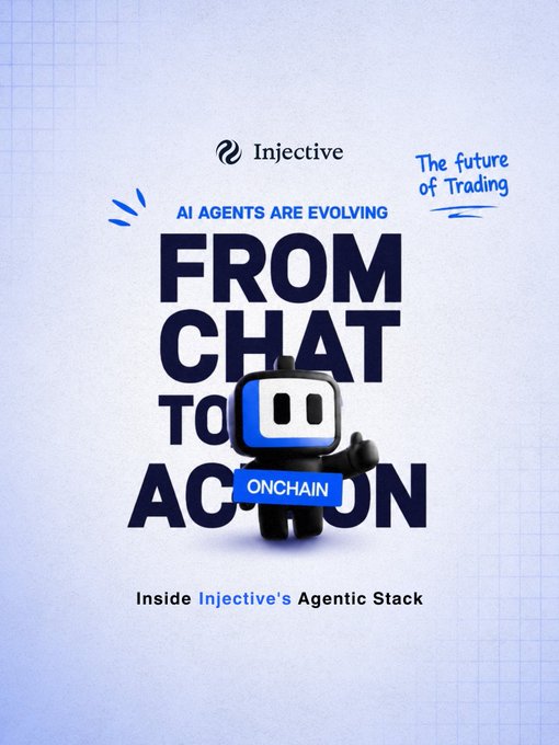 A promotional graphic for Injective reading 'AI AGENTS ARE EVOLVING FROM CHAT TO ACTION ONCHAIN' with a subtitle 'Inside Injective's Agentic Stack' and 'The future of Trading' handwritten text.