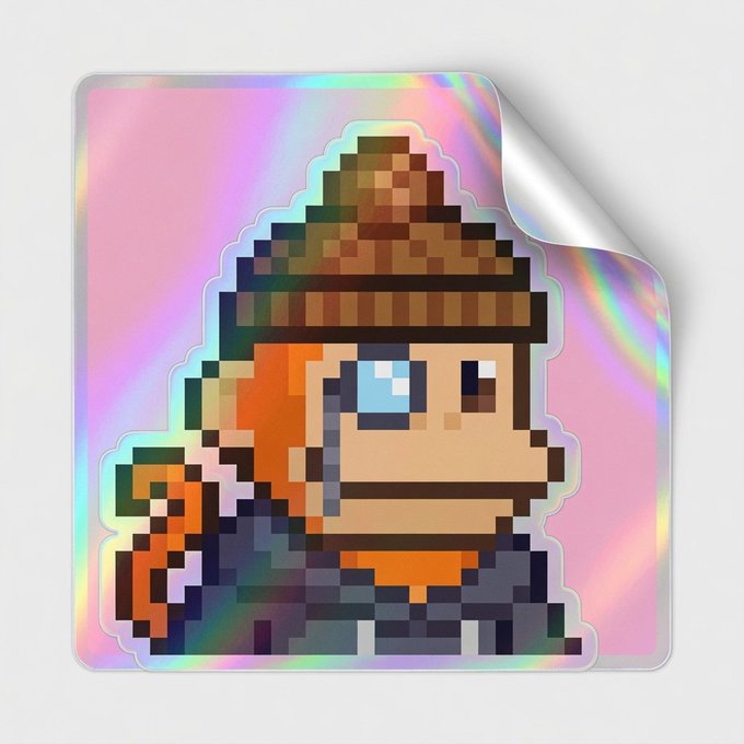 A holographic sticker featuring a pixel-art character wearing a beanie and orange gear, with an iridescent rainbow background.