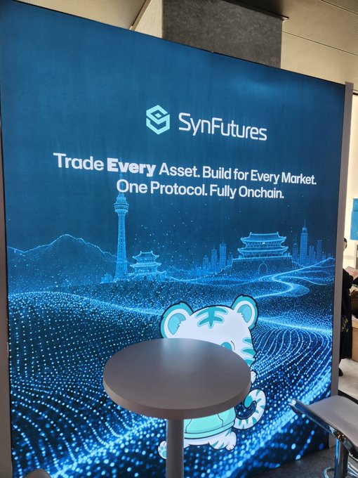 A blue SynFutures promotional banner reading 'Trade Every Asset. Build for Every Market. One Protocol. Fully Onchain.' featuring illustrations of Asian landmarks and a cartoon tiger character.