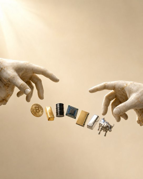 A creative reimagining of Michelangelo's "Creation of Adam" shows two marble hands reaching toward each other, with various precious commodities—including a gold Bitcoin coin, gold and silver bars, an oil barrel, a microchip, and a silver bull—floated between them, symbolizing access to diverse markets. The image visualizes the post's message of "One account. Every Market." by depicting a single connection bridging all major asset classes.