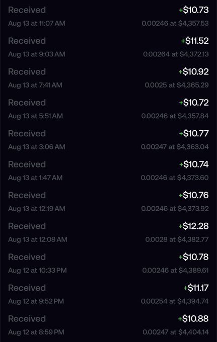 A list of cryptocurrency 'Received' transactions from Aug 12-13, showing various small amounts ranging from +$10.72 to +$12.28 at different exchange rates near $4,350-$4,400.